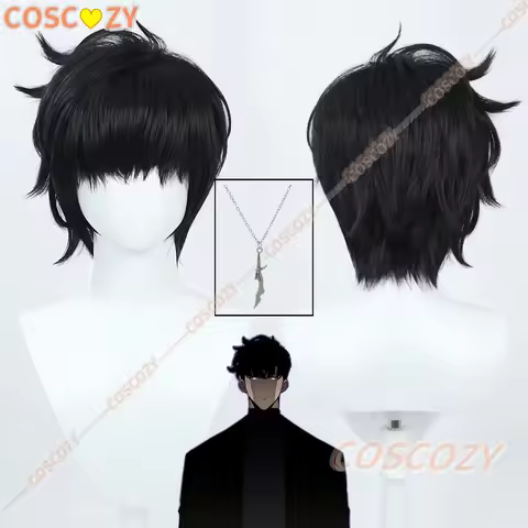 Sung Jinwoo Cosplay Wig from Anime Solo Leveling Sung Jin Woo Short Black Hair Hunter Necklace Hallo