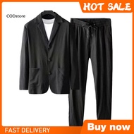 KDCOD* 1 Set Autumn Men Blazer Pants Stripe Pleats Jacket Drawstring Pants Casual Suit for Wedding