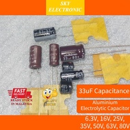 33uF Aluminum Electrolytic Capacitor 6.3v 16v 25v 35v 50v 63v 80v