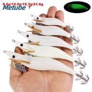 METUBE 1Pcs Wood Shrimp Lure, Artificial Luminous Squid Jig,  Strong Glowing Hooks 6.6g/12.5g/15.7g/