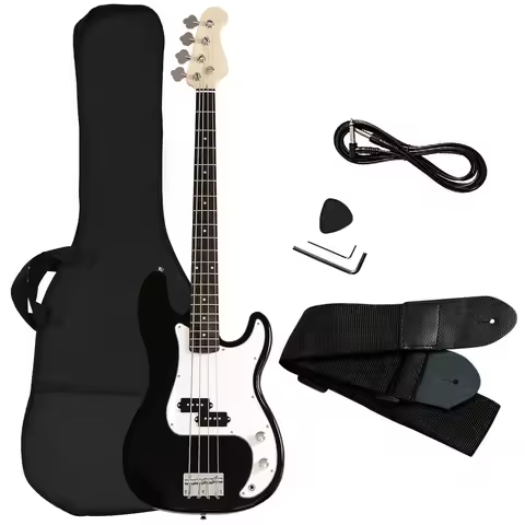 Electric Bass Guitar Full Size 4 String w/ Bag Strap Guitar Pick Amp Cord Black