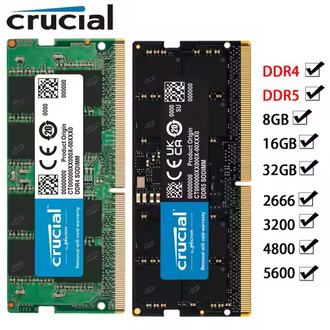 Crucial Memory Laptop RAM DDR5 DDR4 32GB 16GB 8GB 2666 3200 5600 4800MHz PC5-44800 38400 PC4-25600 2