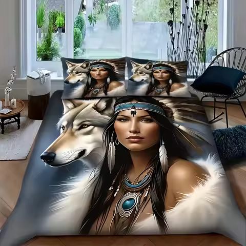 Wolf Feather Design Showcase the Dynamic Wildness Natural Elements Combined Theme Pattern Bedding Se