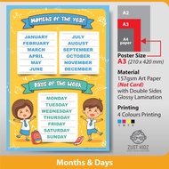 🔥 A3 Poster Learn Months & Days For Kids Early Education Kid Learning Poster 【Ready Stock】