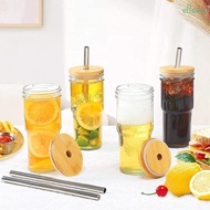 ELLSWORTH Glass Boba Cup, Bamboo Lids with Straw Glass Bubble Tea Cup, Mason Jar Cup 700 Ml Transparent Juice