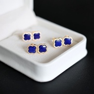 Real Shot❤ 925 Silver Plated 18K Gold Natural Lapis Lazuli Four-leaf Clover Earrings 3a5