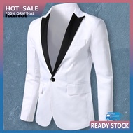 HAN_ Spring Autumn Men Blazer Color Block Long Sleeve Turndown Collar One Button Slim Suit Jacket for Office