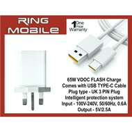 OPPO 65W VOOC Flash Charging Power Adapter Travel Charger with USB TYPE-C Cable