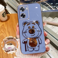 AnDyH Phone Case for OPPO A57 A77 4G 2022 A77S A77E A57E A57S 4G OnePlus Nord N20 SE 4G Makeup Mirror Strawberry Bear Bracket Full Silicone Soft Shell