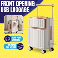 Front Opening Luggage 20 Inch Wide handle Luggage Usb Travel Suitcase Cabin Luggage With Cup Holder 