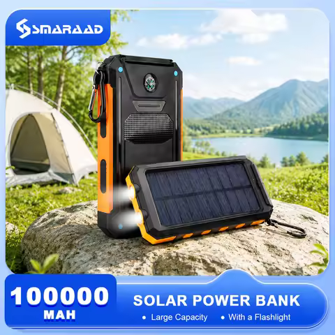 Solar Power Bank 100000mAh Portable Charging Poverbank External Battery Charger Strong Light LDE Lig