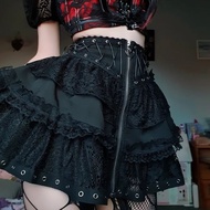 Váy Xếp Ly Ren Đen Punk Lolita Half Skirt Váy Ngắn Xếp Ly Phong Cách Đường Phố Cạp Cao Váy Xếp Ly Re