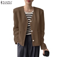 ZANZEA Women Korean Patch Pockets Long Sleeves Cut Off Short Casual Loose Blazer