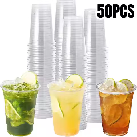 12/16/20OZ Disposable Transparent Plastic Cup Flat Lid Drinking Cup for Parties Birthdays Weddings C