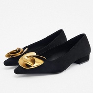 ZARAˉ New Low Heel Sheep Velvet Leather Ballet Shoes Autumn New Golden Flower Metal Decoration Europ