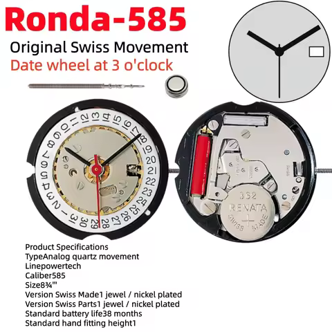 Original RONDA 585 Quartz Watch Movement 8¾''' 3 Hands Center Second Date At 3 with Battery Stem