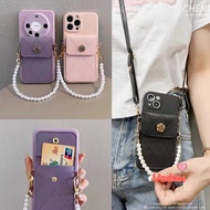 Card Wallet Case For OPPO Reno 4 3 Pro 5Z 4 Lite 2F 2Z 2 Z 10x zoom A92 A72 A52 A91 A92S R17 R15 Pearl Chain Camellia Card Holder Phone Case +Cross-body Lanyard