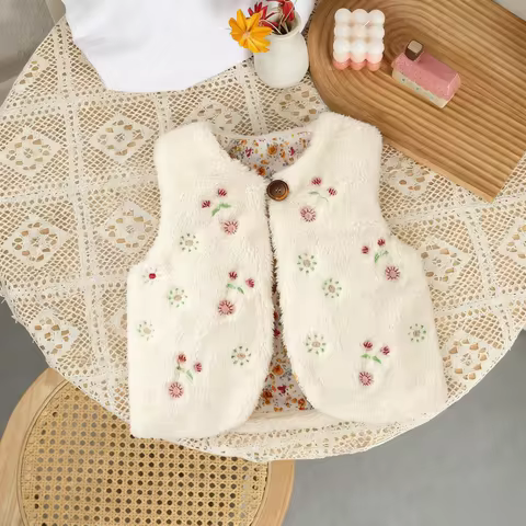 Baby Girl Clothing Winter Floral Embroidered Girl's Vest Coat Cute And Warm Shearling Baby Vest Baby