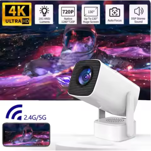 Smart Projector HY800 Mini Projector 4K Android 13 720P 390 ANSI Lumens Dual Wi-Fi 6 BT 5.0 1920*720