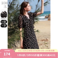 三彩2023夏季新款碎花雪纺连衣裙荷叶边系带收腰A字裙浪漫度假 黑色 160/84A/M