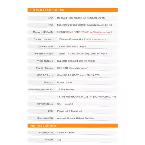A29F-5X For Orange Pi Zero LTS 512MB H3 Quad-Core,Open-Source Single Board Computer, Run Android 4.4