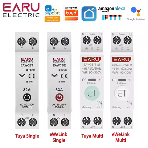 Tuya eWeLink WiFi Smart Circuit Breaker MCB 1P 63A Power Energy kWh Voltage Current Meter Protector 