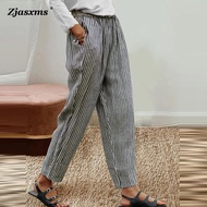 Fashion Casual Cotton Linen Streetwear Long Pant New Autumn Lady Middle Waist Pocket Pant 2023 Women Striped Simple Pencil Pants