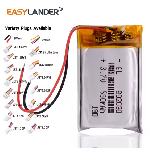JST2.0 2P JST1.25 2P JST2.0 3P 3.7V 500mAh 802030 Rechargeable Lipo Lithium li-Polymer Li-ion Batter