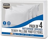 Utopia Bedding Waterproof Pillow Protectors with Zipper Queen Size (4 Pack), Terry Pillow Covers