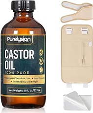 PURELYSIAN Castor Oil Pack Kit, Castor Oil Organic Cold Pressed Unrefined Glass Bottle (8fl.oz/237ml), Castor Oil Pack Wrap Organic Cotton and Flannel Cloth for Liver Detox, Castor Oil Compress