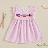 B935G-Toddler Girls Dress 4th of July Clothes Flag Embroidery Fly Sleeve Casual Dress Baby Summer Dr