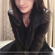 歐美真皮羊皮菱格紋墊肩騎士領皮衣外套小香風