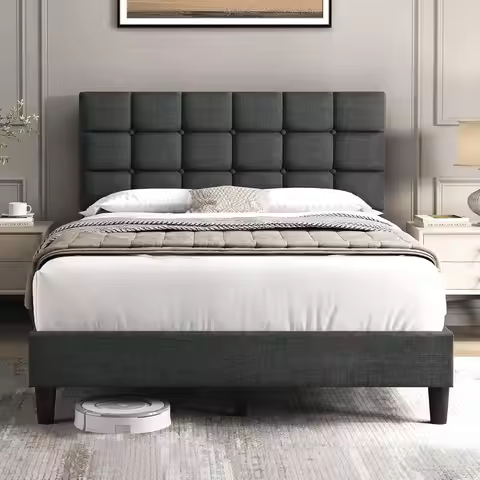 Upholstered Bed Frame, Modern Full Bed Platform with Square Stitched&Button Tufting Headboard Height