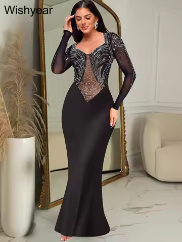 Wishyear Rhinestone Patchwork Mesh See Through Evening Mermaid Dresses Woman Elegant Luxury Wedding 