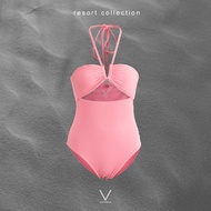 RESORT COLLECTION 2025 BABY PINK SWIMMING SUIT ชุดว่ายน้ำผูกคอ ผ้าหนา มีฟองน้ำในตัว กัน UV UPF 50+