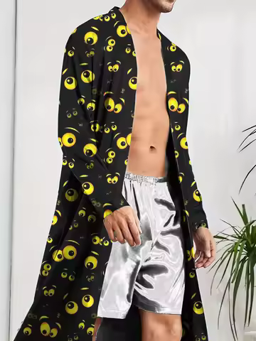Spring and Autumn men's long robe for leisure and entertainment, 3D digital printed luminous eye ele