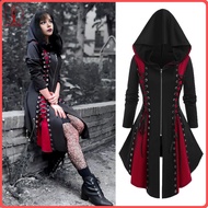 fulaide Women Cosplay Dress Gothic Color Matching Lace-up Strap Irregular Hem Hooded Long Sleeves Zi