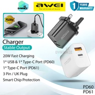 Awei PD60 20W Fast Charging Charger Adapter USB Wall Charger 20W Charger Adaptor Awei PD61 UK 3 Pin 