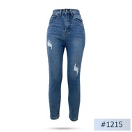 กางเกงยีนส์ขายาวทรงบอย 8 ส่วน นิยมยีนส์ Niyom jeans สียีนส์ ผ้าไม่ยืด แต่งขาด 2 จุด รุ่น 1215