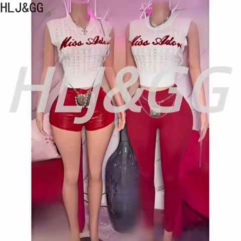 HLJ&GG Fashion Letter Knit Tank Top Two Piece Sets Women Round Neck Sleeveless Crop Top And Shorts O