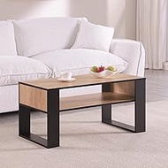 CENSI 36-Inch Coffee Table for Living Room, Modern Black and Oak Center Table with Open Storage Shel