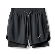 gymshark Fitness Pants Men's Loose Breathable Shorts Running Training Fake Two-Piece Double-Layer