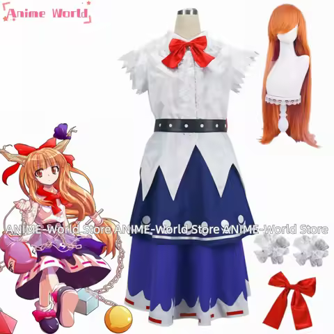 《Custom Size》Anime Touhou Project Ibuki Suika Cosplay Costume Dress Wig