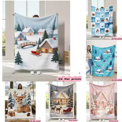 Winter Christmas Village Throw Blanket Snow Cabin Reindeer Sleigh Penguin Gingerbread House Holiday 