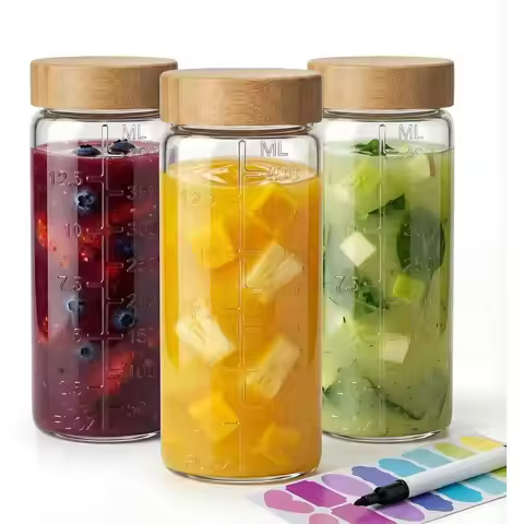 Set of 3 - 16oz Reusable Glass Juice Bottles with Bamboo Lids for Kombucha, Smoothies, and More