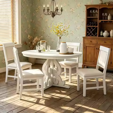 Extendable Dining Table Set for 4-6, Farmhouse Kitchen Table Set with Extendable Round Dining Table 