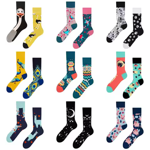 2025 New Fashion Irregular AB Styles Kawaii Unisex Crew Socks Women Men Cotton Novelty Creative Cart