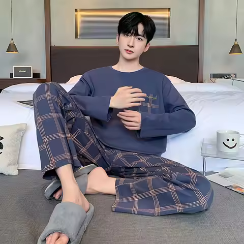 L-6XL Striped Print O-neck Plus Size Men's Pajamas Fashion Mature Men Combed Cotton Nightwear 2024 N