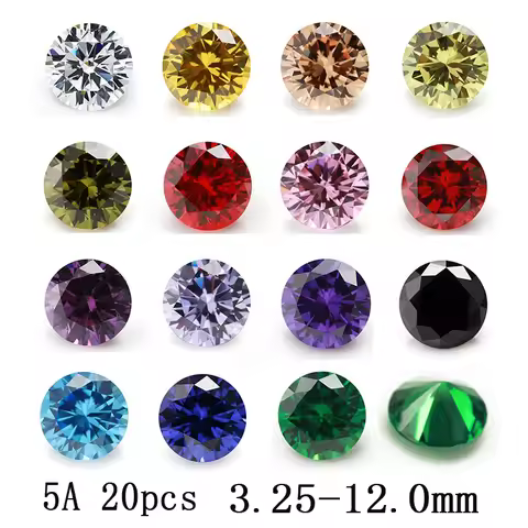 20pcs 5A Size 3.25-12.0mm Round Cubic Zirconia Stone Loose CZ Synthetic Gemstone White Green Tanzani