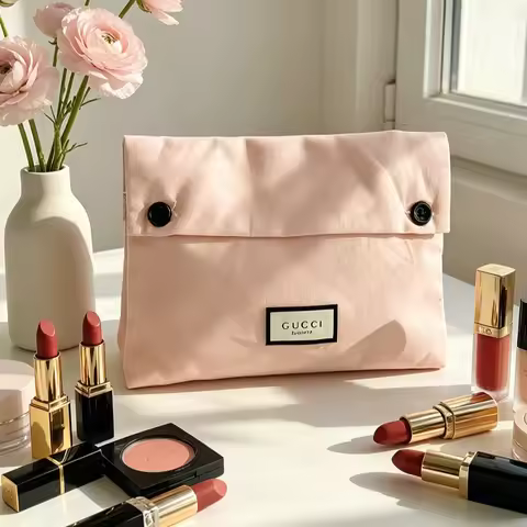 Gucci Gucci’s bag Nude Pink Canvas Flip Cosmetic Bag Large Capacity With Double Snap Buttons Soft We